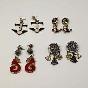 VTG Nautical Earrings Lot Anchor Sailboat Seahorse Enamel 80s Gold Tone Dangle